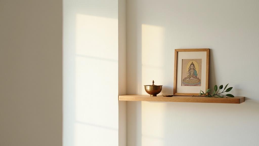 A small wooden altar shelf mounted on a clean white wall in the northeast corner of a modern apartment, holding brass diyas and a framed image of a deity